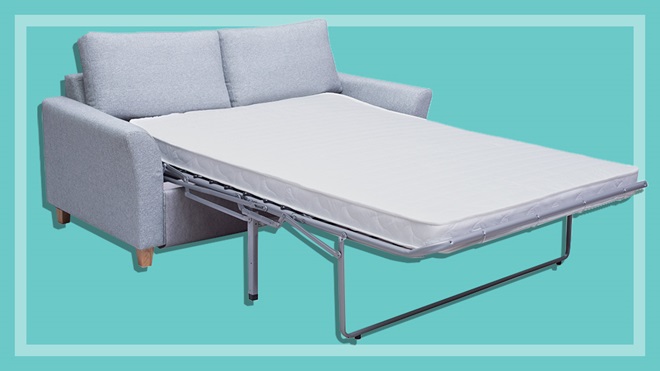 grey sofa bed with mattress